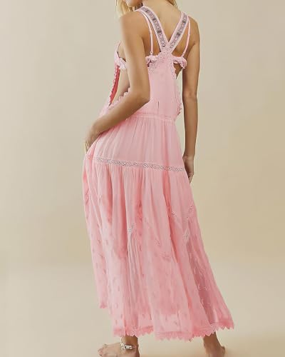 Image of ebossy Women's Laced Embroidered Tulle Bib Dress Casual Loose Adjustable Straps Maxi Dress