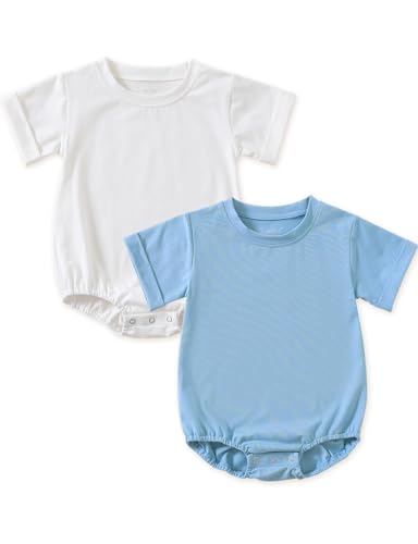Image of Jimonda Baby Bubble Rompers Boy Girl Solid Color T-Shirt Outfits Short Sleeve Button Bodysuit Cotton Tops Clothes 2Pcs