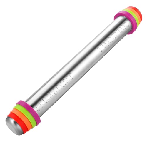 Stainless Steel Rolling Pin with Adjustable Thickness Rings - 4 Interchangeable Sizing Bands for Dumplings/Pasta/Cookies - Nonstick Kitchen Baking Tool (Rolling pin with color thickness rings)