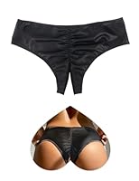 sunshinelady Slip Ouvert Für Frauen PU Unterhosen Damen Unterwäsche Offen im Schritt Sexy Unterhosen Große Größen Elastische String Tanga Low Waist Hipster Höschen Open Panties Women Schwarz L