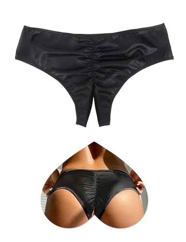 sunshinelady Slip Ouvert Für Frauen PU Unterhosen Damen Unterwäsche Offen im Schritt Sexy Unterhosen Große Größen Elastische String Tanga Low Waist Hipster Höschen Open Panties Women Schwarz M