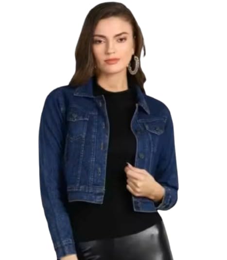 Navy Blue Woman Short 100% Cotton Denim Relaxed Trucker Jacket 33400-picture-13