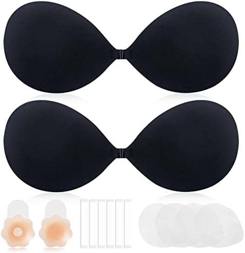 LEFRECO Adhesive Sticky Bra Push Up 2 Pairs, Backless Strapless Bra, Invisible Lift Up Bras with Nipple Covers Pasties for Women (Black,B)