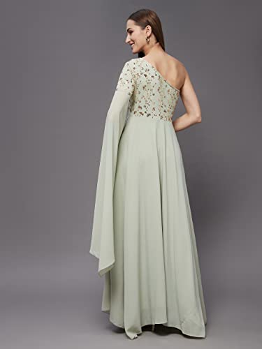 Image of Miss Chase Women's Dusty Green and Golden Solid Embellished Asymmetric Maxi Dress