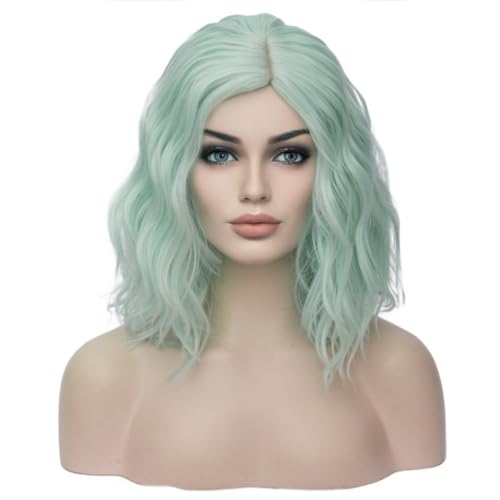 Image of BERON 14 inch Green Wigs for Women Short Curly Bob Wavy Wig Girls Mint Green Colored Body Wave Heat Resistant Synthetic Cosplay Party or Daily Wigs
