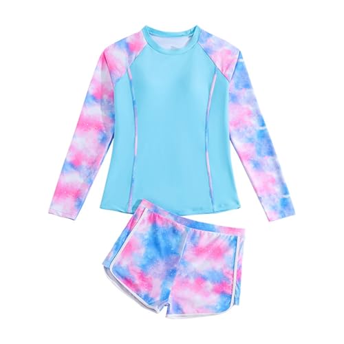 Generisch 2025 Traje de baño Niñas Niños Traje de baño Bikini Niños Niñas Batik Impreso Traje de baño de manga larga y pantalones cortos Traje de baño de dos piezas Divertido, Rosa., 14-15 años
