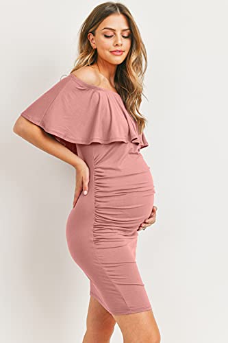 Hello Miz Women's Off Shoulder Maternity Fitted Ruffle Dress For Baby Shower (S-Xl) (Mauve Solid, X-Large) #TOP3