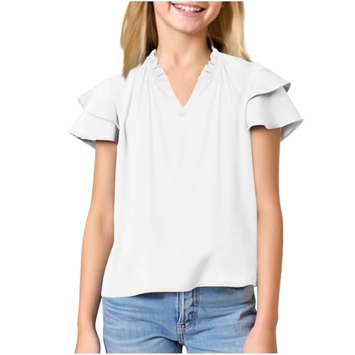 Girls Pleated Short Sleeve T Shirts Summer V Neck Kids 2025 Blouses Solid Color Lightweight Cute Chiffon Tunic Tops4