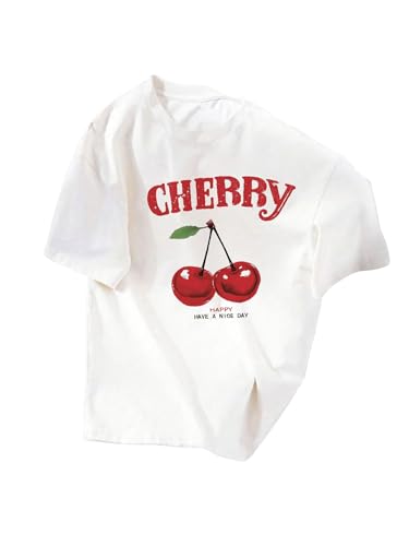 COZYEASE Girl's Cheery Print Graphic Tees Crewneck Short Sleeve Summer T-Shirt Cute Y2k Top