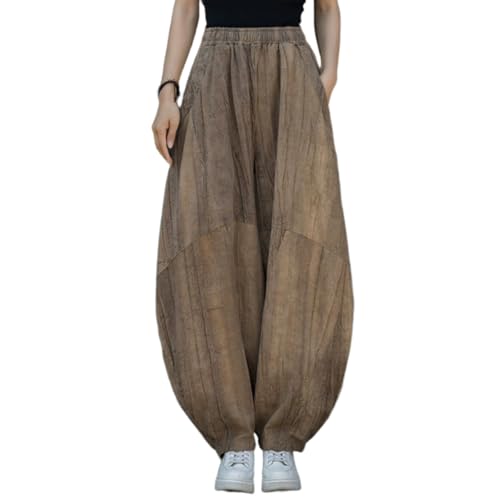 Women's Casual Cotton Linen Baggy Pants with Elastic Waist Relax Fit Lantern Trouser with Pockets