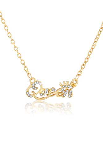 Image of Yellow Chimes Pendant for Women Alphabetical Queen Crown Clavicle Rhinestone Short Chain Gold Plated Chain Necklace for Women and Girl's Valentine Gift for Girls