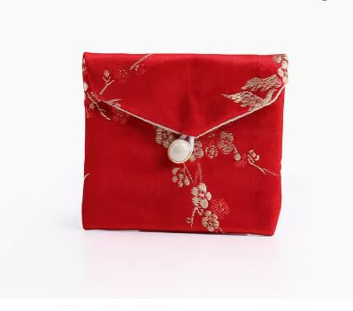 Only My Live Home Vintage Button Chinese Silk Satin Jewelry Pouches Plum Blossom Cloth Packaging Bags Earrings Bracelet Necklace Storage Pouch (red (3 Pcs, 3.94 x 4.72 inch about)