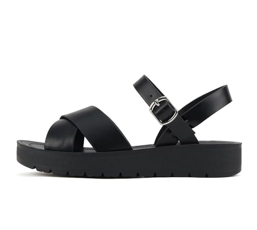 Soda CHESTER ~ Women Flat Sandals Flatform Ankle Buckle Criss Cross Band Straps Sandals Shoes (All Black Pu, US Footwear Size System, Adult, Women, Numeric, Medium, numeric_8_point_5)