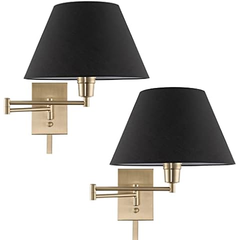 Kira Home Cambridge 15" Modern Swing Arm Wall Lamp - Plug in/Wall Mount + Black Fabric Shade, Cool Brass Finish, 2-Pack Cover