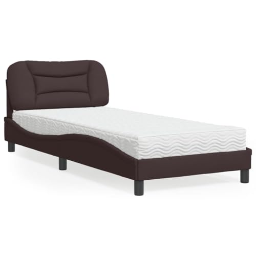 Teenpull Estructura de cama con colchón Hvar marrón oscuro, 80 x 200 cm, tela tapizada con somier y cabecero, cojín para dormitorio, dormitorio, cama juvenil, cama de personas mayores