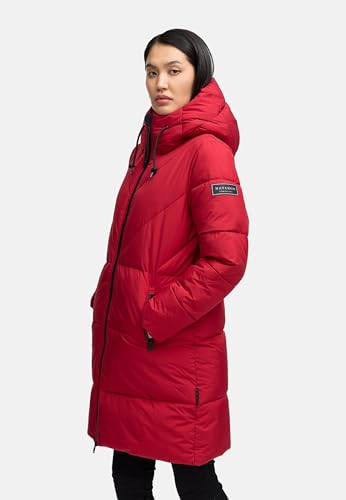Navahoo Damen Langer Wintermantel warmer Steppmantel mit großer Kapuze und Fleece-gefütterten Kragen Kältekuschel XIV Dark Red Gr. S