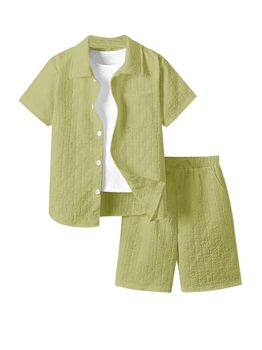 RoseSeek Boy's 2 Piece Beach Vacation Textured Outfit Short Sleeve Button Down Shirt Top and Shorts Summer Set Pure Green 13-14Y