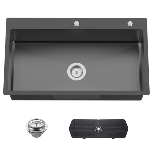 Black 33x19 In Drop In Kitchen Sink-Stainless Steel Topmount Modern Single Bowl Kitchen Sink Come With Silicon Mat Drain Strainer Set Offer Large Basin And Compatibility With Various Kitchen&Bar Style