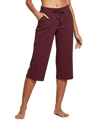 BALEAF Women's Active Yoga Lounge Indoor Jersey Capri Pocketed Walking Crop Pants Burgundy Size XXL