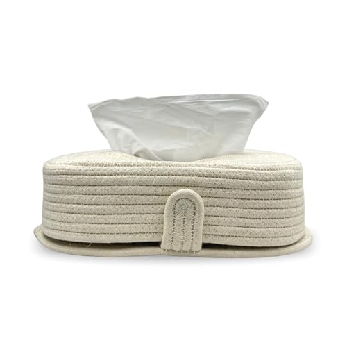 Image of BOBBINY Jute Cotton Tissue Box Holder, Handcrafted Tissue Container for 100 Pulls Natural Tissue Holder for Office Living Bedroom Car Desk Dining Table Home Decor (Off White, Design 6)