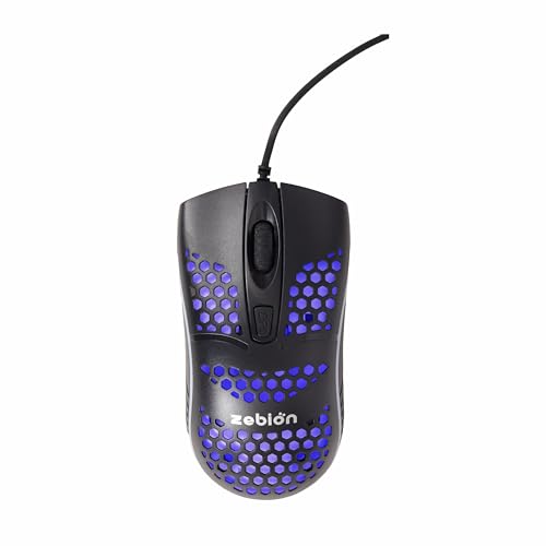 Image of Zebion Jazzy Wired Gaming Mouse with Honeycomb Design, RGB Led Lights, Adjustable DPI 800 /1000 /1800, Lightweight and Ergonomic Design with Comfortable Feel, 1 Year Warranty, Black Color