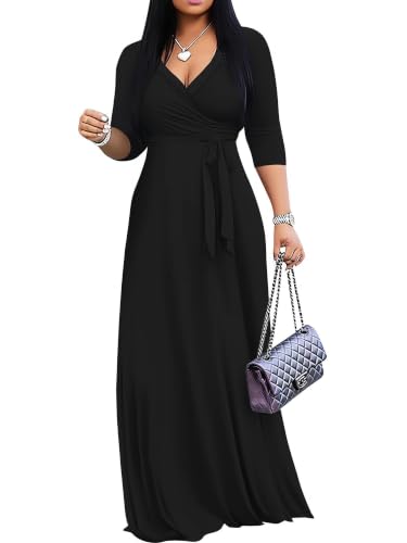 Image of Plus Size Maxi Dress for Women V Neck 3 /4 Sleeve Wrap Dresses