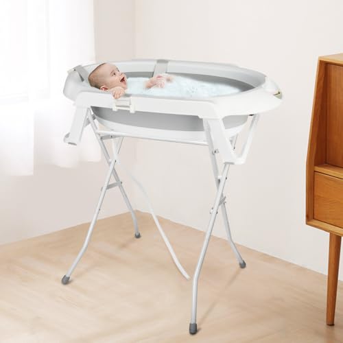 Baignoire Bébé Pliable XXL avec Support, Coussin et Système de Drainage, 2 en 1 Baignoire Bebe sur Pied Pliable,...