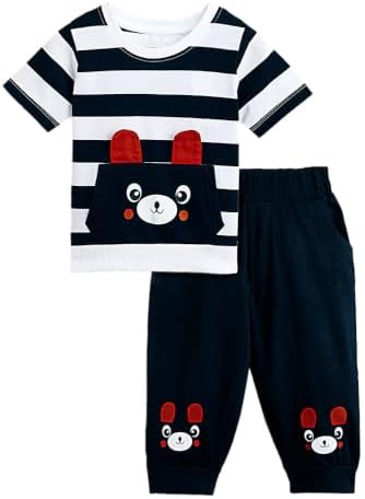 Hopscotch Boys Cotton Stripes Bear Print Half Sleeves T-shirt and Joggers Set In Multi Color