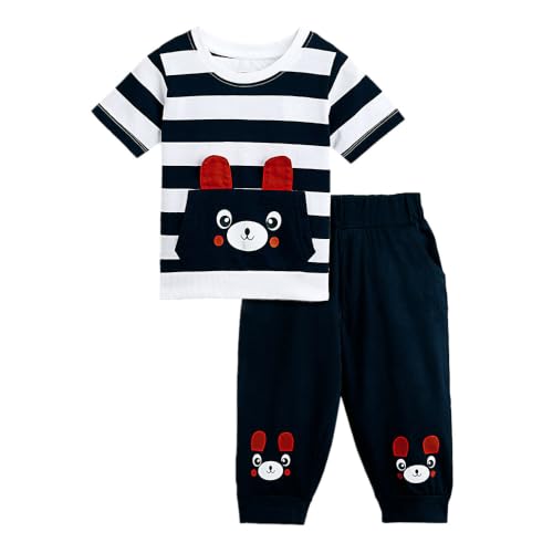 Image of Hopscotch Boys Cotton Stripes Bear Print Half Sleeves T-shirt and Joggers Set In Multi Color