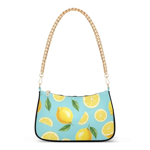 Zipper Prints Shoulder Purses Watercolor Lemons Leaves Blue Clutch Handbags Pattern Womens Classic Purse Hobo Totes with Chain Strap