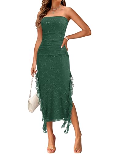 Image of MEROKEETY Women's 2025 Strapless Bodycon Tube Midi Dress Sexy Floral Lace Ruffle Slit Wedding Guest Cocktail Party Dresses