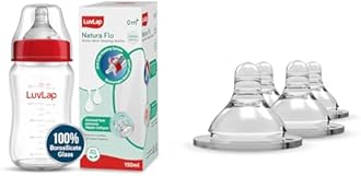 LuvLap Natura Flo Wide Neck Glass Feeding Bottle, 150ml & Luvlap Anti-Colic Natura Flo Teat/Nipple for Wide Neck Bottle, 4pcs, Fast Flow, 6m+