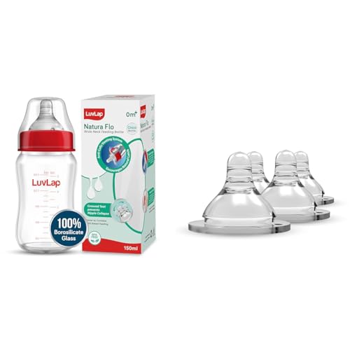 LuvLap Natura Flo Wide Neck Glass Feeding Bottle, 150ml & Luvlap Anti-Colic Natura Flo Teat/Nipple for Wide Neck Bottle, 4pcs, Fast Flow, 6m+