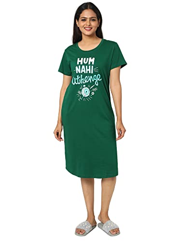 Image of 9shines Label Stylish Plus Size Hosiery Cotton Short Nighty for Women | Knee Length Night Dress with Pocket | Graphic Print Nightwear for Daily and Lounge Wear (9S-WP-Polo)