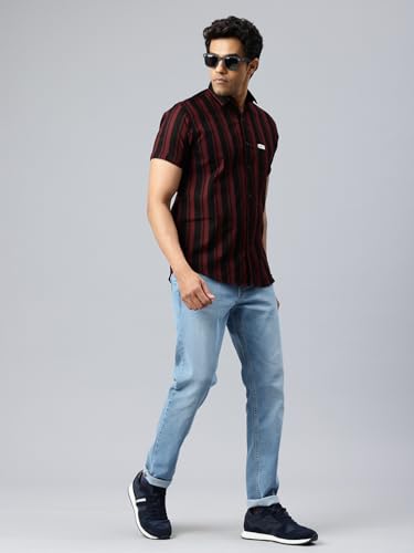 Image of Majestic Man Men Slim Fit Cotton Striped Half Sleeve Casual Shirt