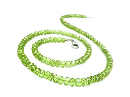 Collar de plata de ley 925 hecho a mano con cuentas de 4 mm de color verde con peridoto Rondelle, facetado de 17 pulgadas para hombres y mujeres.
