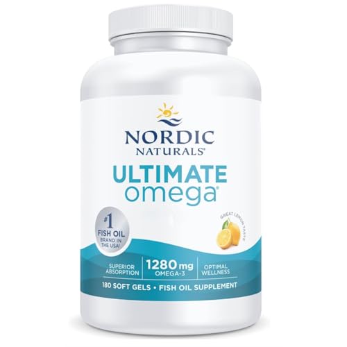 Nordic Naturals Ultimate Omega Cápsulas de Omega 3 de Alta Potencia 1280 mg, con EPA y DHA, alta dosis, sabor limón, 180 cápsulas blandas, sin soja, sin gluten