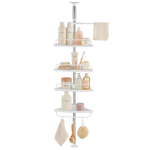 JUPPLIES Estanteria Telescopica de Baño de Altura Ajustable hasta 254cm - Esquinero Baño Ducha de Plástico y Metal sin Taladro - Organizador de Bañera, Lavabo con 4 Baldas (Blanco)