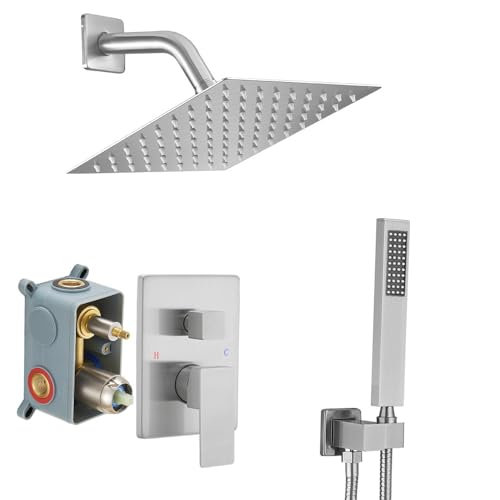 Shower System Brushed Nickel Bathroom Rainfall Shower Faucet Set Complete Wall Mounted 8 Inch Shower Head and Handle Set with Rough in Valve Body and Trim Kit