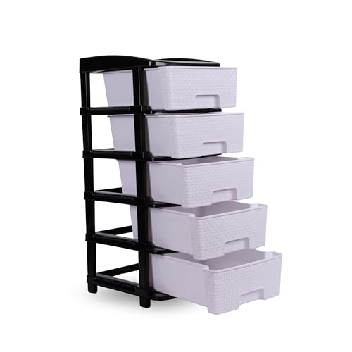 Image of Plastic Modular Drawer Storage Chest Of Drawers Organizer Storage Box, Large Stomo Racks For Multipurpose Anti-slip Shoes Organizers (White & Black, 5 Layer)