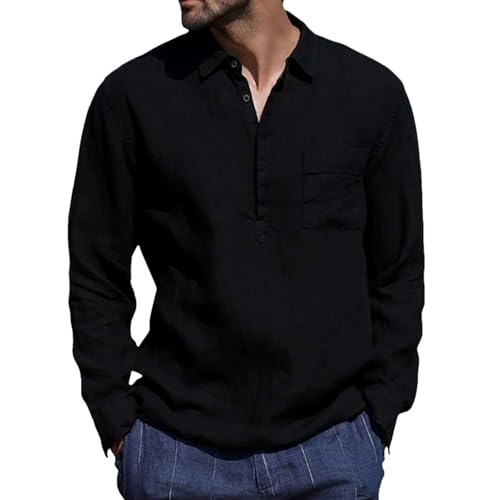 Chemise en coton et lin pour homme chemise d'été manches longues coupe droite col Henley taille XXL