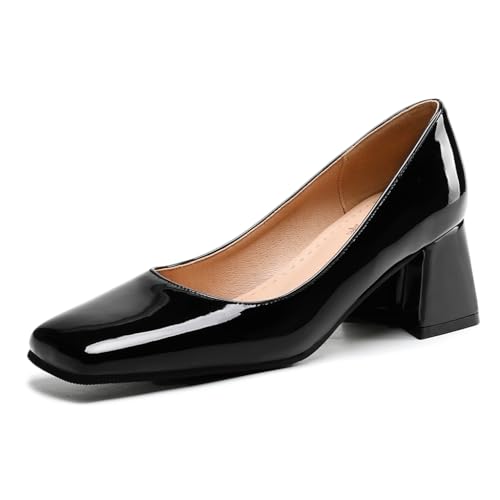 MIOKE Women's Chunky Mid Block Heel Pumps Square Toe Patent Leather Slip-On Comfort Dress Work Office Shoes
