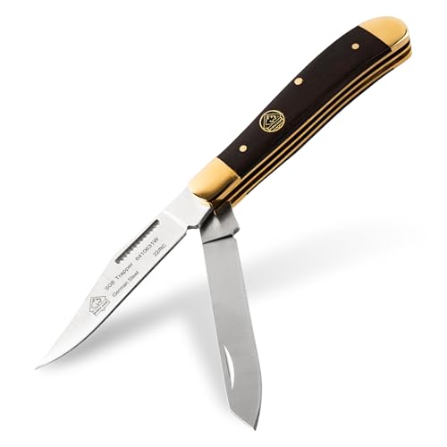 PUMA SGB - Trapper Wood – Klassisches Zweiklingen-Klappmesser mit 71 mm Klingen aus deutschem 1.4116 Stahl (55-57 HRC) – Slip-Joint Mechanismus – Messingbacken – Jacaranda-Holzgriff – Outdoor & Jagd