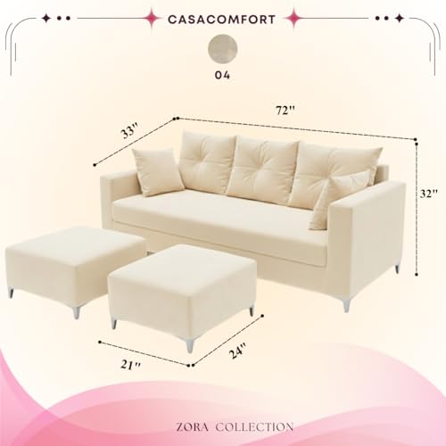 Image of Zora 5 Seater L Shape Sofa Set with 1 Movable Ottomans | Flexible Layout | Rich Velvet Suede Fabric | Silver Legs | Spacious Seating | Modern Sofa for Living Room (Cream)