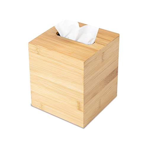 JUSK Design Tissue Box Holder - Modern Minimalist Durable Wooden Bamboo Box with Sliding Bottom Easy-Refill - Premium-Quality Bamboo Cover Square