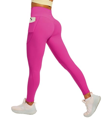 Heathyoga Scrunch Butt Lifting Leggings with Pockets for Women Tummy Control Compression Leggings No Front Seam Yoga Pants Hot Pink