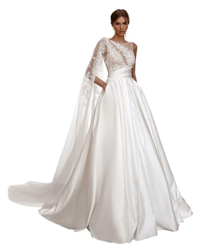 Zeeyecie Ruffle Satin Wedding Dresses 2025 A-Line Crew Neck Lace Applique Sequins Beads Sparkly Bridal Gown with Pockets