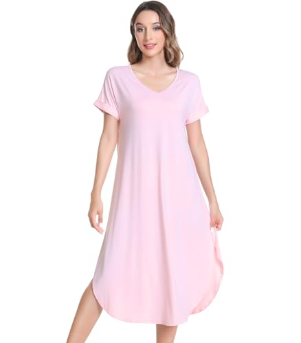 Image of NACHILA Nightgowns for Women-Viscose Made from Bamboo,Short Sleeve Nightshirts Satin V Neck Sleep Dress Loose Sleepwear