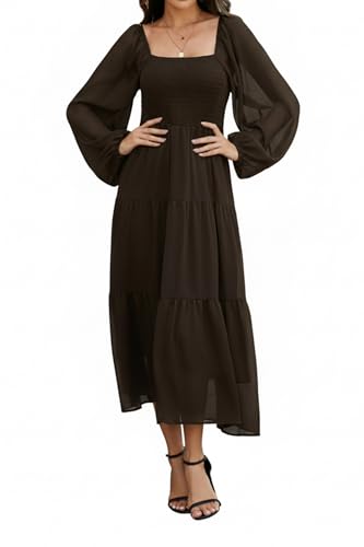 Olaesa Boho Maxi Dresses for Women 2025 Long Sheer Sleeve Smocked Square Neck Chiffon Tiered Flowy Wedding Guest Fall Dress Brown
