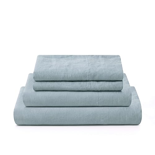 Image of ATLINIA 100% Pure Flax Linen Bedding Set - Stone Washed French Linen Fabric Deep Pocket Fitted Sheet Farmhouse Flat Sheet 2 Pillowcases (Dusty Blue, Queen)